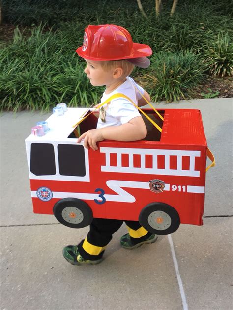 Toddler preschool boy fireman fire truck Halloween costume cardboard box fire truck | Unique ...