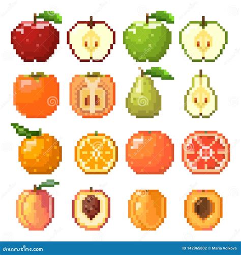 Set Of Pixel Art Fruits Icon. 32x32 Pixels Vector Illustration ...