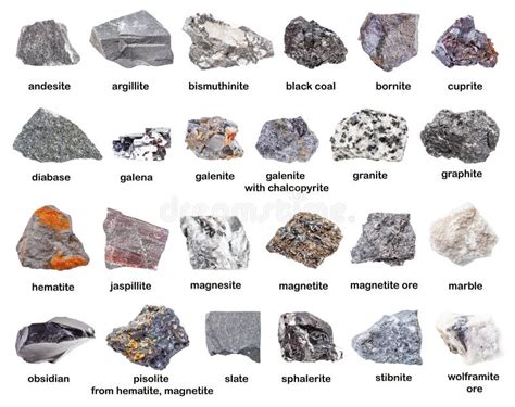 Set of Various Gray Unpolished Minerals with Names Stock Photo - Image ...