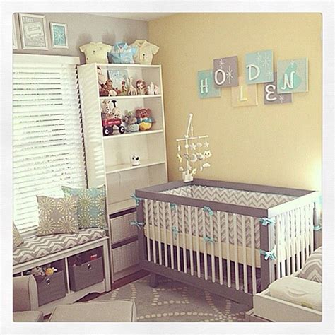 "Project Nursery" for Baby boy Holden. Vintage modern in pale yellow, gray & aqua. Grey Yellow ...