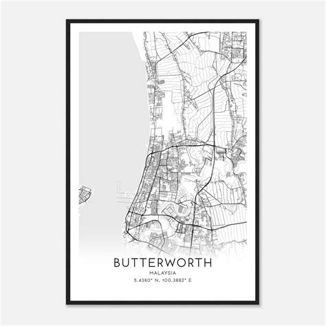 Butterworth Malaysia Map Poster, Butterworth City Road Wall Art Print ...