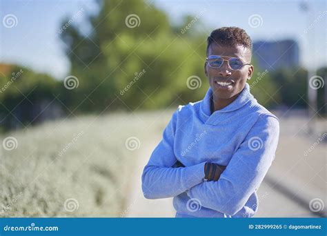 Black Model with Glasses Smiling Outdoors. Stock Image - Image of attitude, male: 282999265