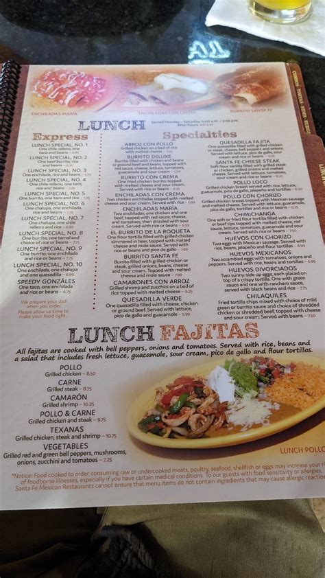 Menu at Santa Fe Mexican Grill restaurant, Greensboro, 423 Pisgah Church Rd