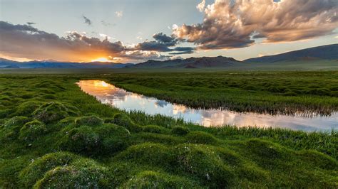 mountains, landscape, moss, plants, nature, field, sky, sunset, Iceland, grass, river, clouds ...