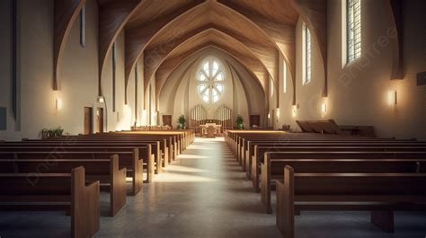 Beautiful Church Interior With Wooden Pews Background, 3d Modern Church ...