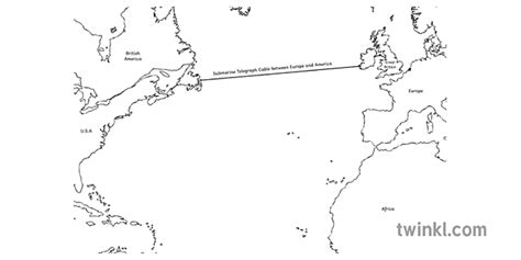 Map of Transatlantic Telegraph Cable Black and White Illustration - Twinkl