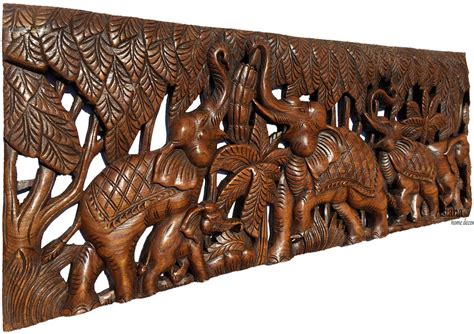 Elephant Family Wood Carved Wall Panel. Tropical Home Decor. 35.5"x13 ...