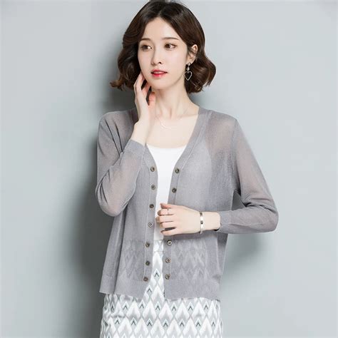 linen thin cardigan 2019 new Spring Summer women knit sweater sweet v neck lady knit thin linen ...