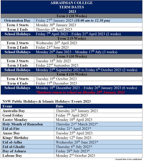 Term dates – ARRAHMAN COLLEGE