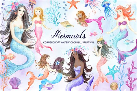 Watercolor mermaids illustration By Cornercroft | TheHungryJPEG