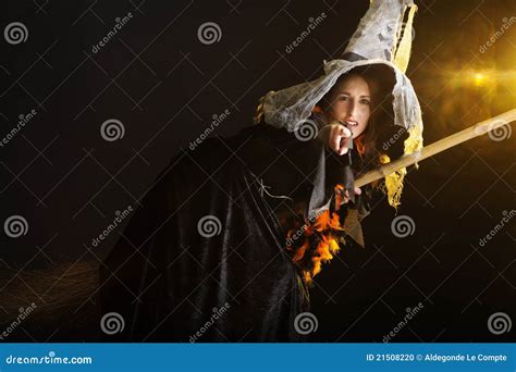 Halloween Witch Flying on Her Broom Stock Photo - Image of flying ...