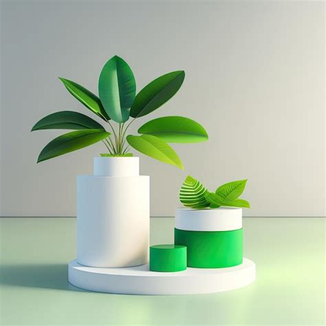 Premium AI Image | Minimal modern white round stone podium green fern in geometric design vase ...