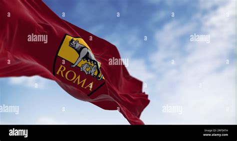 Rome, Italy, July 30 2023: AS Roma flag waving. AS Roma is a professional football club based in ...