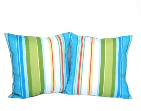 Two outdoor striped pillow covers blue pillow green pillow