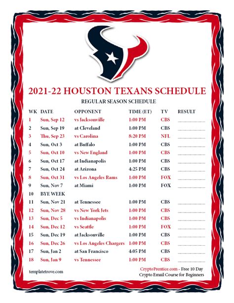 Printable 2021-2022 Houston Texans Schedule