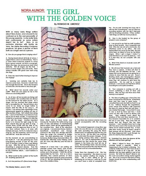 PELIKULA, ATBP.: NORA AUNOR: THE GIRL WITH THE GOLDEN VOICE (The Weekly ...