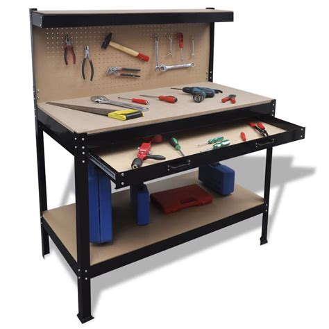 vidaXL Garage Steel Work Bench Shelves Workshop Rack Pegboard Drawer 12 ...