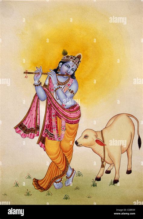 Lord Krishna playing musical instrument flute to cow Miniature Painting on paper Stock Photo - Alamy