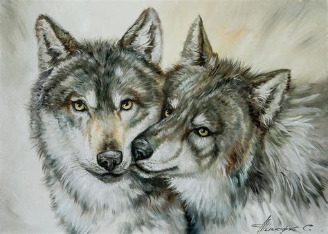 Original Wolves Oil Painting, Animal Horizontal Wall Art, Gray Wolf Portrait Artwork, Painting ...