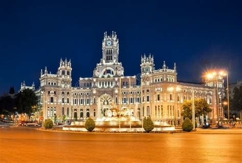 Cybele Palace on Cibeles Square at Night, Madrid, Spain Stock Photo ...