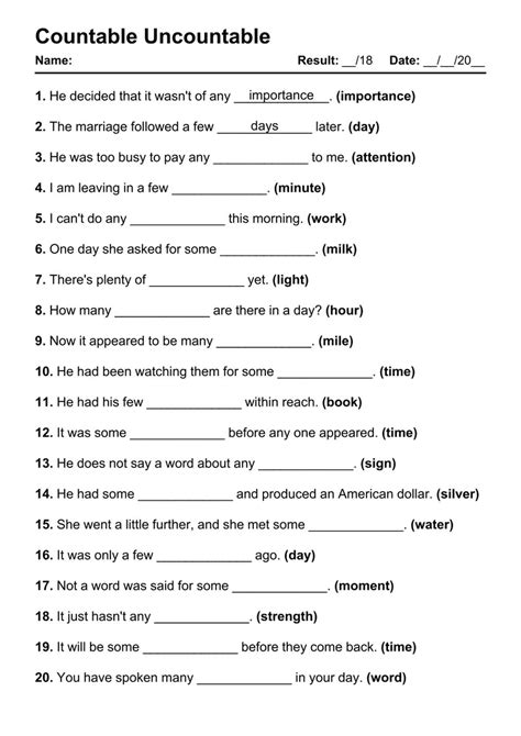 101 Countable Uncountable PDF Worksheets with Answers - Grammarism