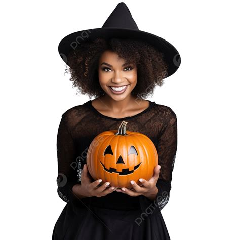 Portrait Of Halloween African American Witch Holding A Pumpkin, African ...