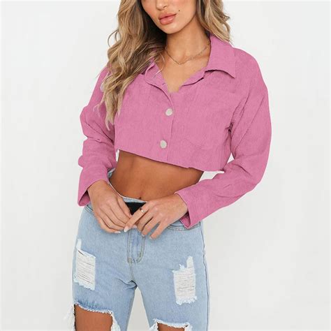 Sexy Bare Midriff Crop Tops Women Turn Down Collar Denim Solid Spring Button Pockets Streetwear ...