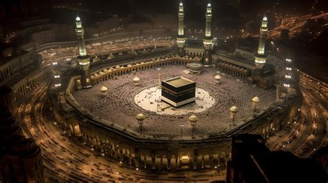 A large mosque in mecca at night with a lot of people in the foreground. | Premium AI-generated ...