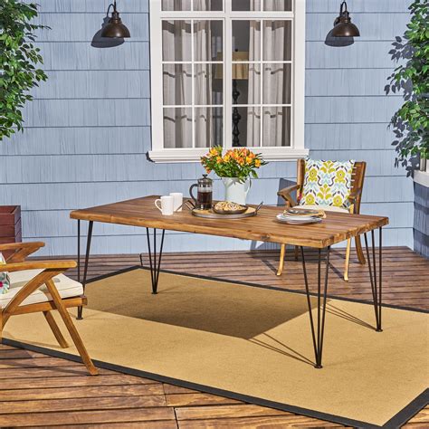 Joy Zion Outdoor Acacia Wood Rectangular Dining Table with Iron Hairpin ...