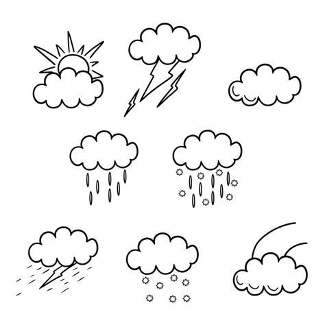 Black and white monochrome illustration, a set of weather conditions ...