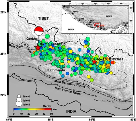 Map showing the epicenter locations of the 25 April 2015 (M w 7.8 ...