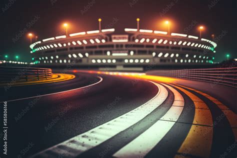 Nighttime curved asphalt race track with illuminated stadium. High-speed racing at night on ...