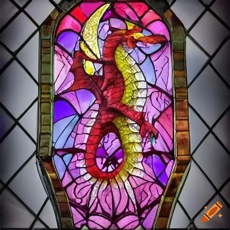Gothic style stained glass window with a dragon on Craiyon