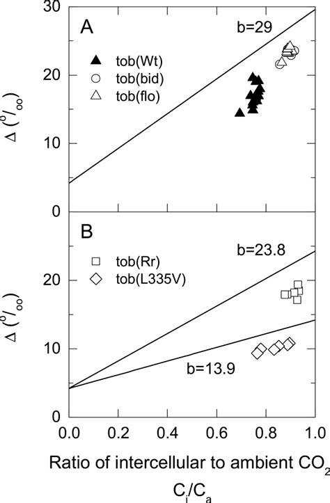 Carbon isotope discrimination, Δ, as a function of the ratio of ...