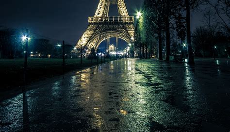 France, Paris, Street, Eiffel Tower, Night, Street lights, Trees, HD ...