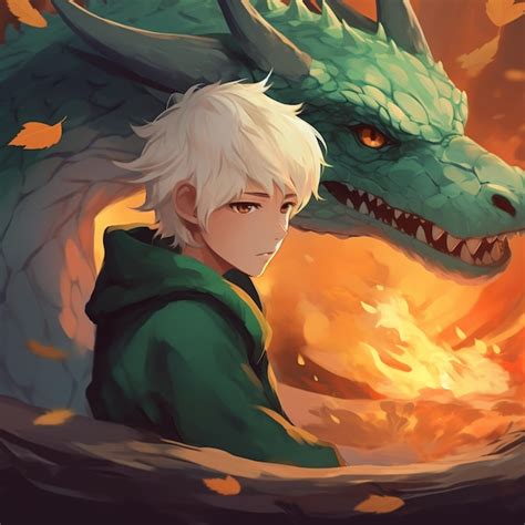 Premium AI Image | anime boy with white hair and green dragon head ...