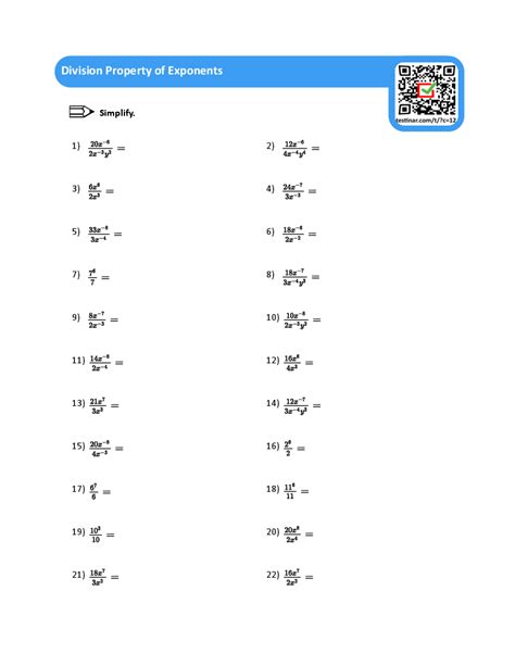 Division Property of Exponents worksheets