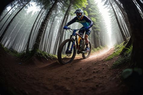 Premium AI Image | A mountain biker rides through a forest with trees ...