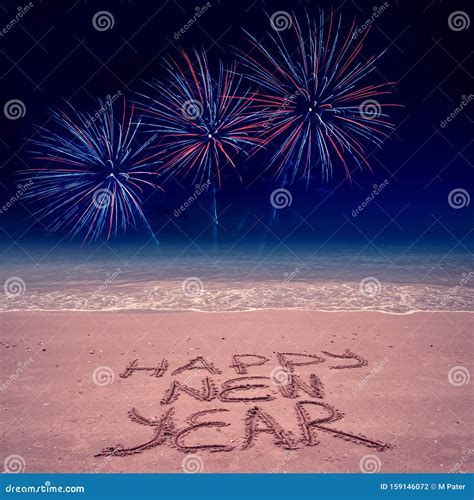 New Year Beach Background with Fireworks Stock Photo - Image of ...