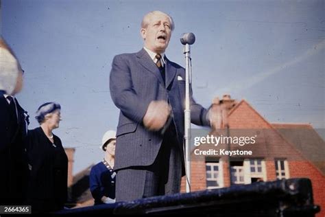 British prime minister Harold Macmillan making an election speech at ...