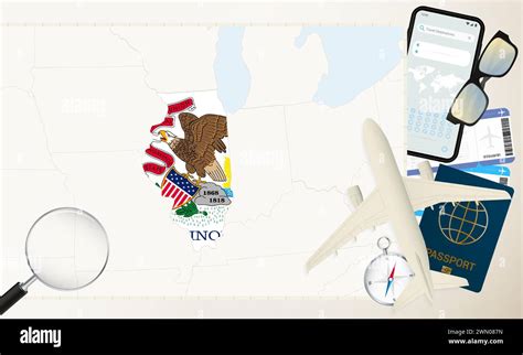 Illinois map and flag, cargo plane on the detailed map of Illinois with flag, passport ...