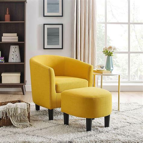 Modern Accent Arm Chair Upholstered Chair Fabric Single Sofa + Ottoman Foot Rest Yellow ...