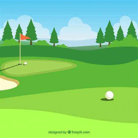 a golf course with a red flag and white ball in the foreground, surrounded by trees