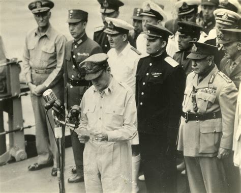 General Douglas MacArthur speaks at the Japanese Surrender Ceremony in Tokyo Bay, Japan, 2 ...