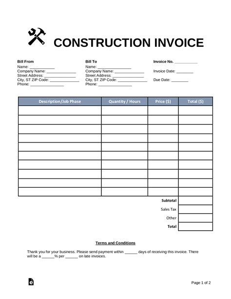 Free Construction Invoice Template - PDF | Word – eForms