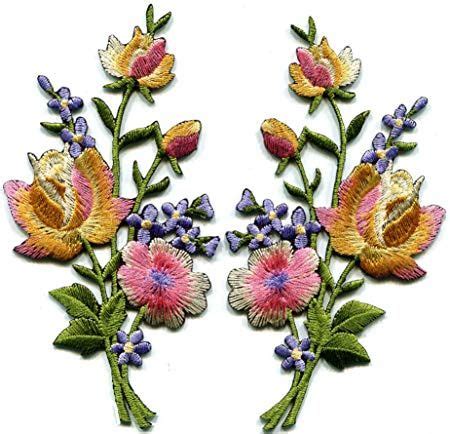 Pink gold lavender roses pair flowers floral embroidered appliques iron-on patches S-1289 in ...