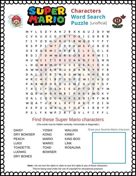 Super Mario word search puzzle. It is a printable PDF featuring 18 characters from the Super ...