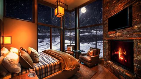 Cozy Bedroom with Big Windows - Gentle Snow with Fireplace and Wind ...