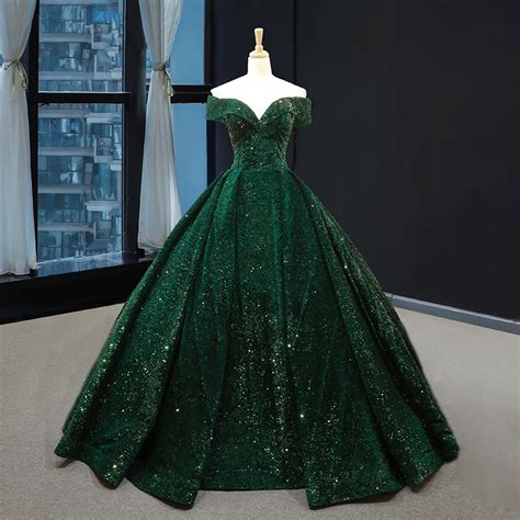 Emerald Green Ball Gown Off The Shoulder Sequin Princess Prom Dress ...