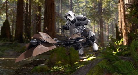 HD wallpaper: Scout Trooper Speederbike Endor, armored warrior throwing ...